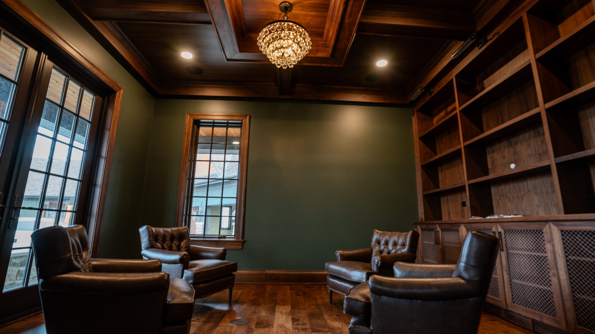 Wilmette Dark Green Living Room Coffered Ceiling