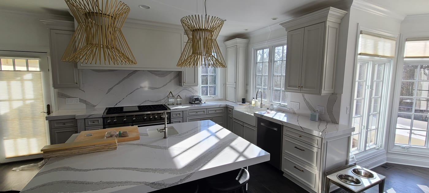 Gray Painted Cabinets Marble Backsplash Gold Pendants - Cabinet Painting by Z&Z Painting