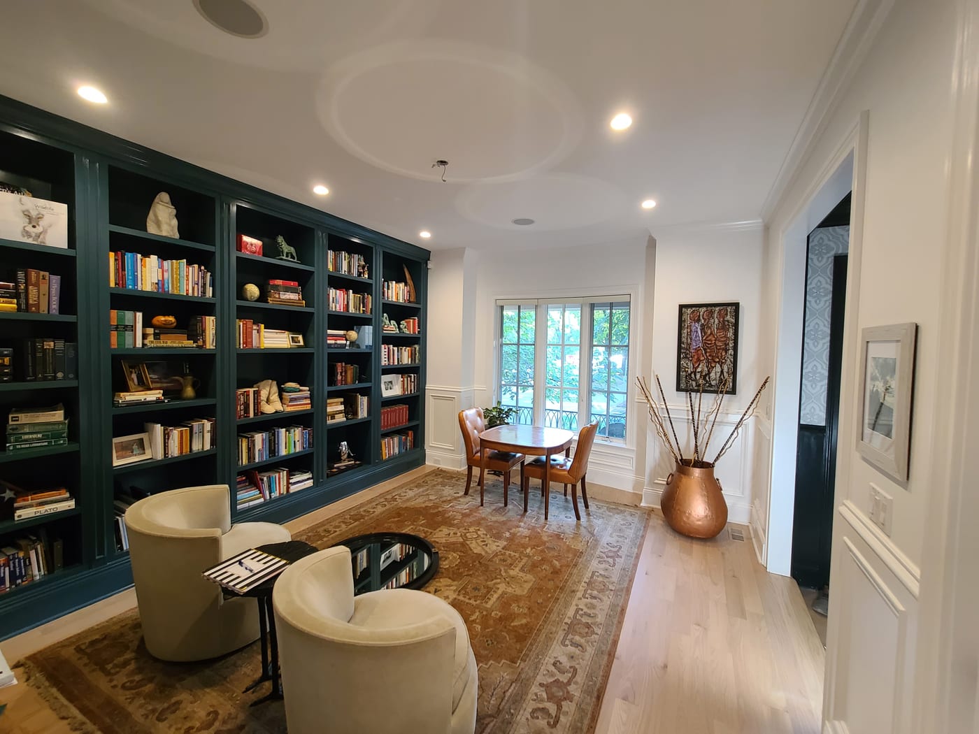 Library Teal Built In Bookshelves White Wainscoting - Interior Painting by Z&Z Painting