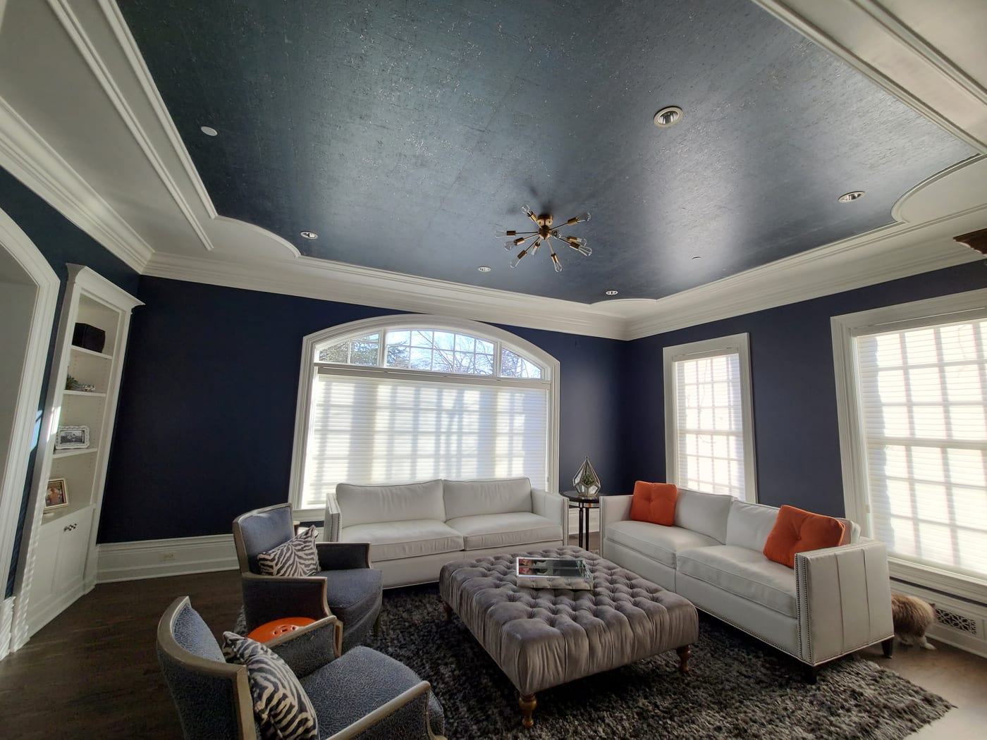 Living Room Navy Blue Walls Metallic Ceiling White Trim - Interior Painting by Z&Z Painting