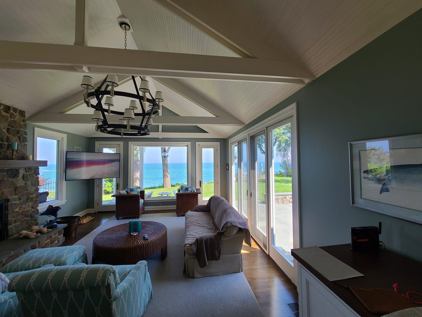 Living Room Sage Green Walls Lake View Fireplace - Interior Painting by Z&Z Painting