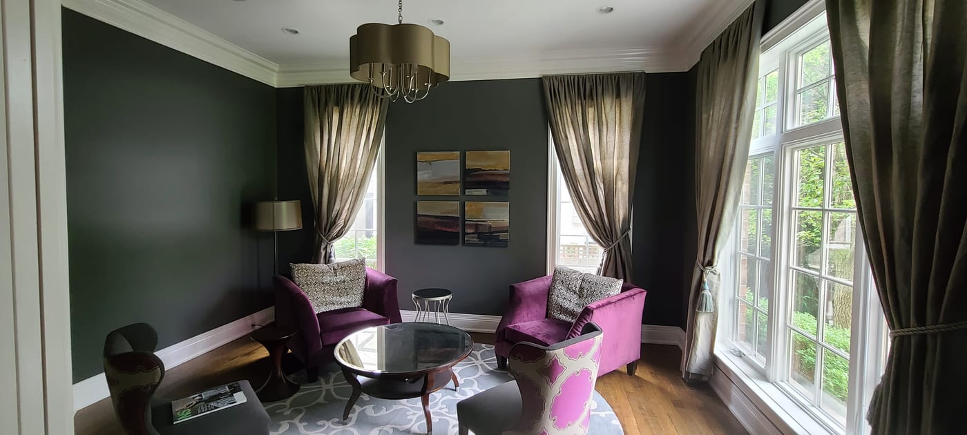 Sitting Room Dark Charcoal Walls Velvet Chairs - Interior Painting by Z&Z Painting