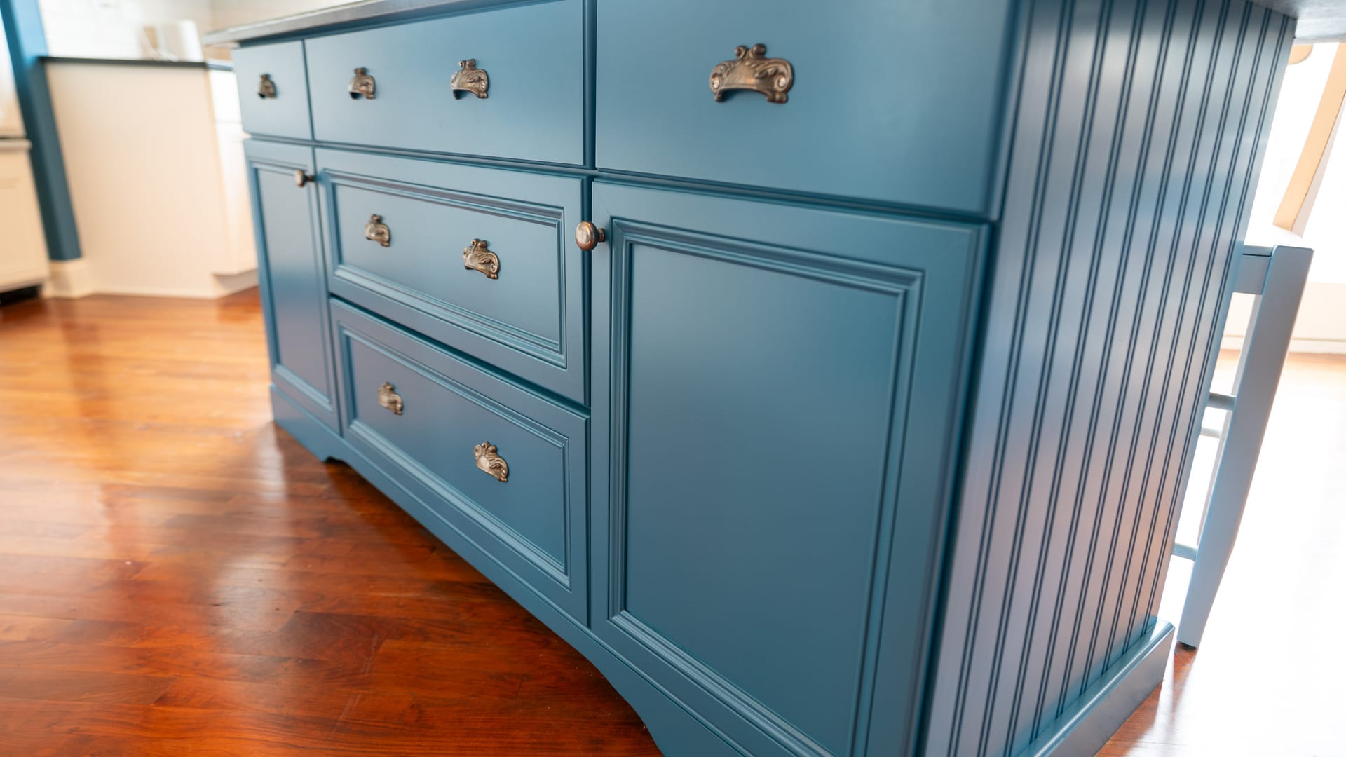 Blue Kitchen Cabinet Island Detailed Trim - Cabinet Painting by Z&Z Painting
