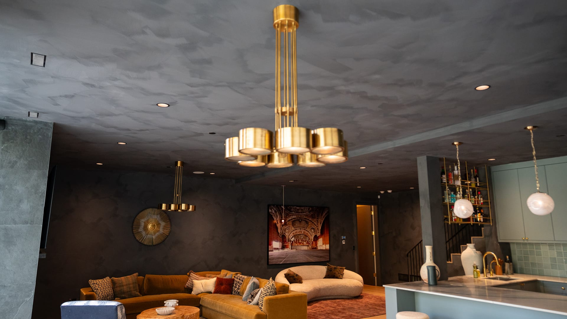 Dark Gray Ceiling Gold Chandelier Living Room - Color Consultation by Z&Z Painting