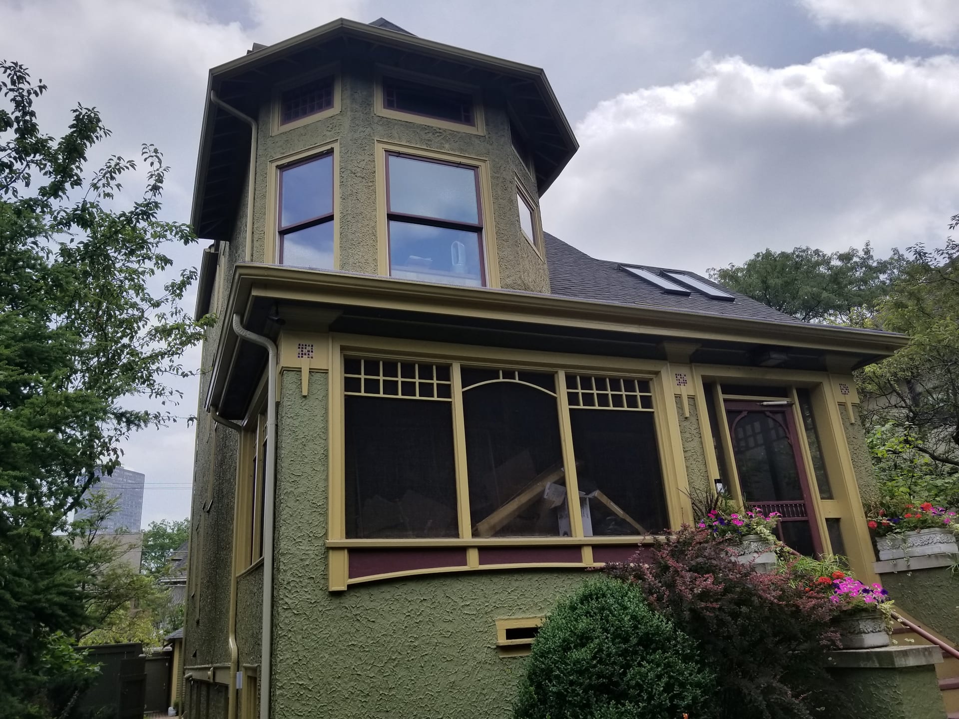 Historic Victorian Home Green Stucco Turret - Historic Home Painting by Z&Z Painting